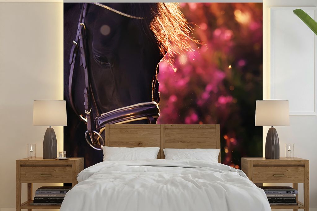 MuchoWow Fototapete für Wohnzimmer oder Schlafzimmer Wandtapete Vinyl Motivtapete Pferd - Sonne - Porträt - 240x240 cm - Schlafzimmer-Tapete