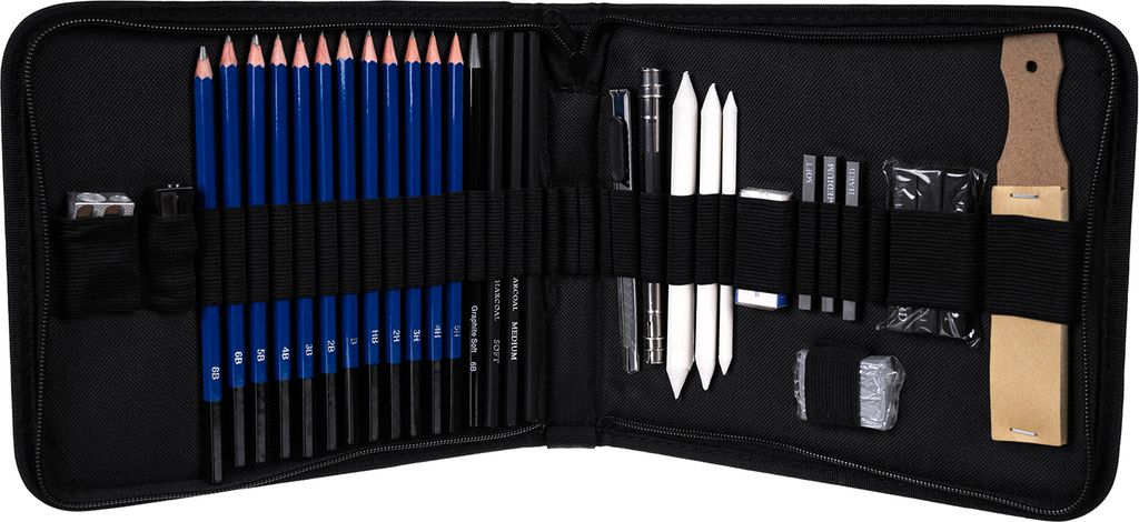 An open black zippered case containing a set of drawing and sketching pencils and tools.