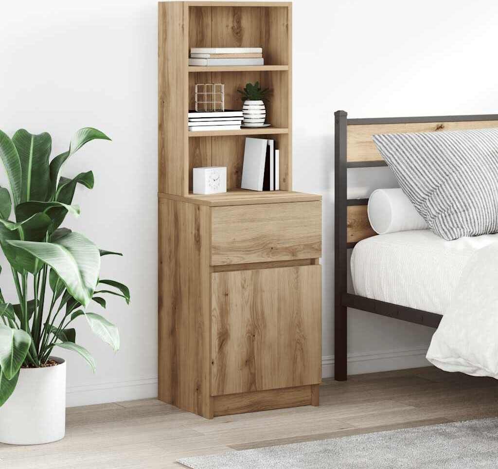 A tall, narrow wooden cabinet with shelves and a drawer, placed next to a bed in a bedroom.