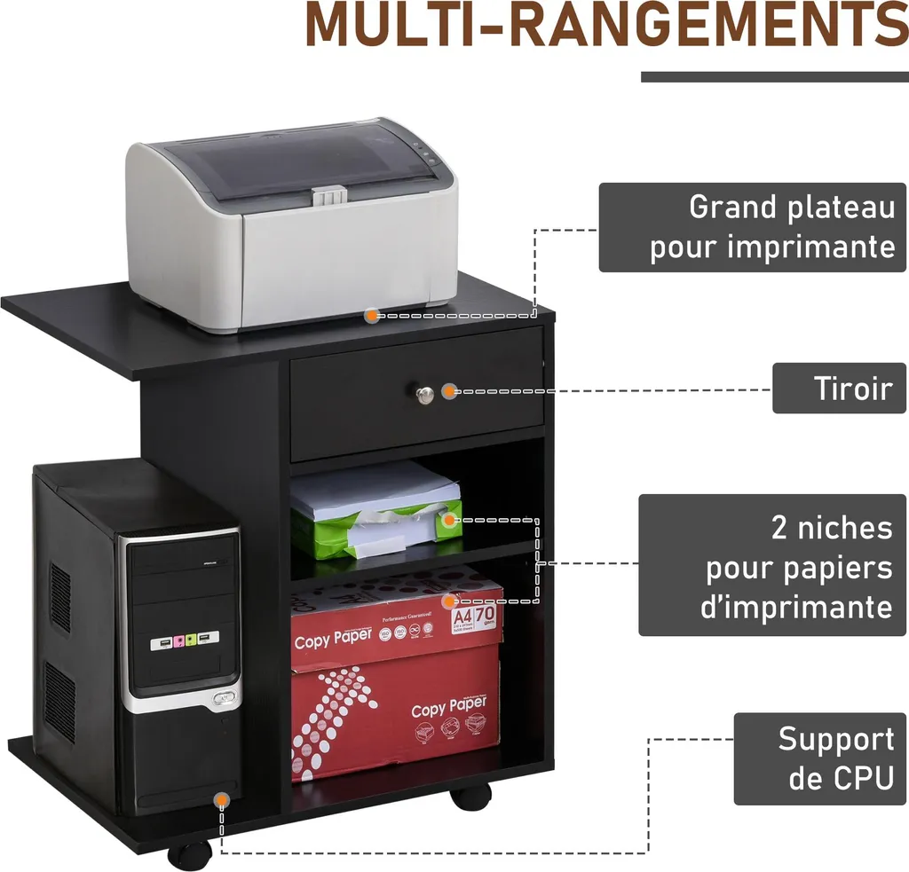 Fini le bureau encombré : support d'imprimante avec rangement CPU et tiroir