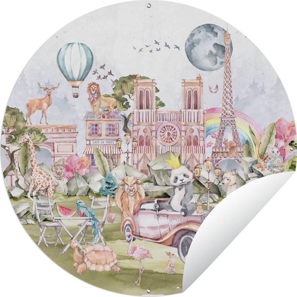 MuchoWow Gartenposter Outdoor-Poster Rund Paris - Regenbogen - Kinder - Rosa - Mädchen - Tiere Ø 60 cm Gartendeko Rundes Poster draußen