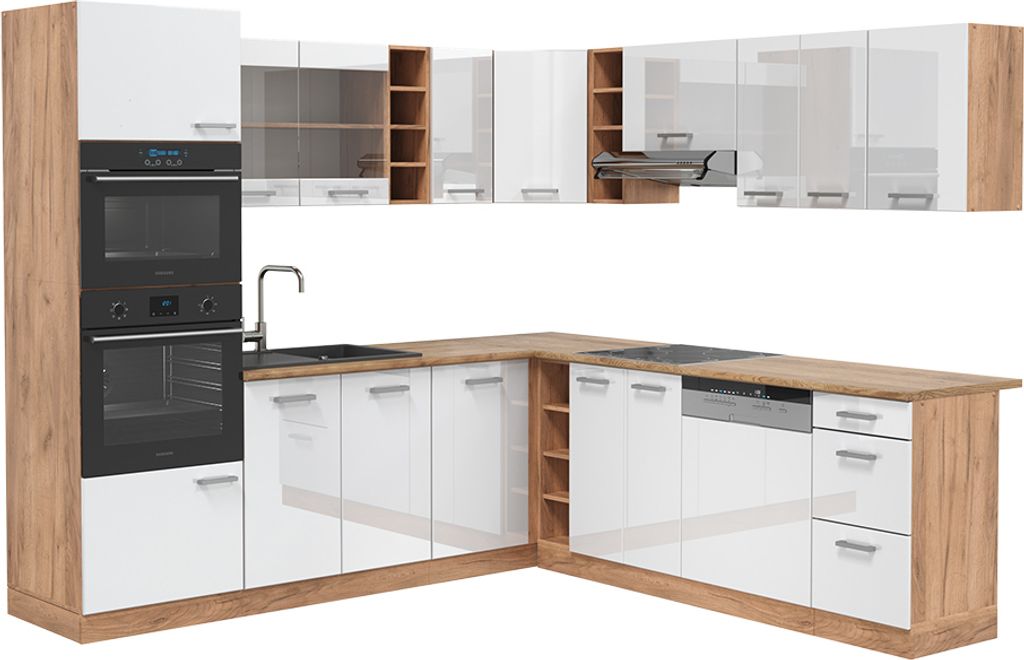 Eckküche Vicco R-Line Weiß Hochglanz/Goldkraft Eiche 247 x 60 cm , AP Eiche, Model 43191