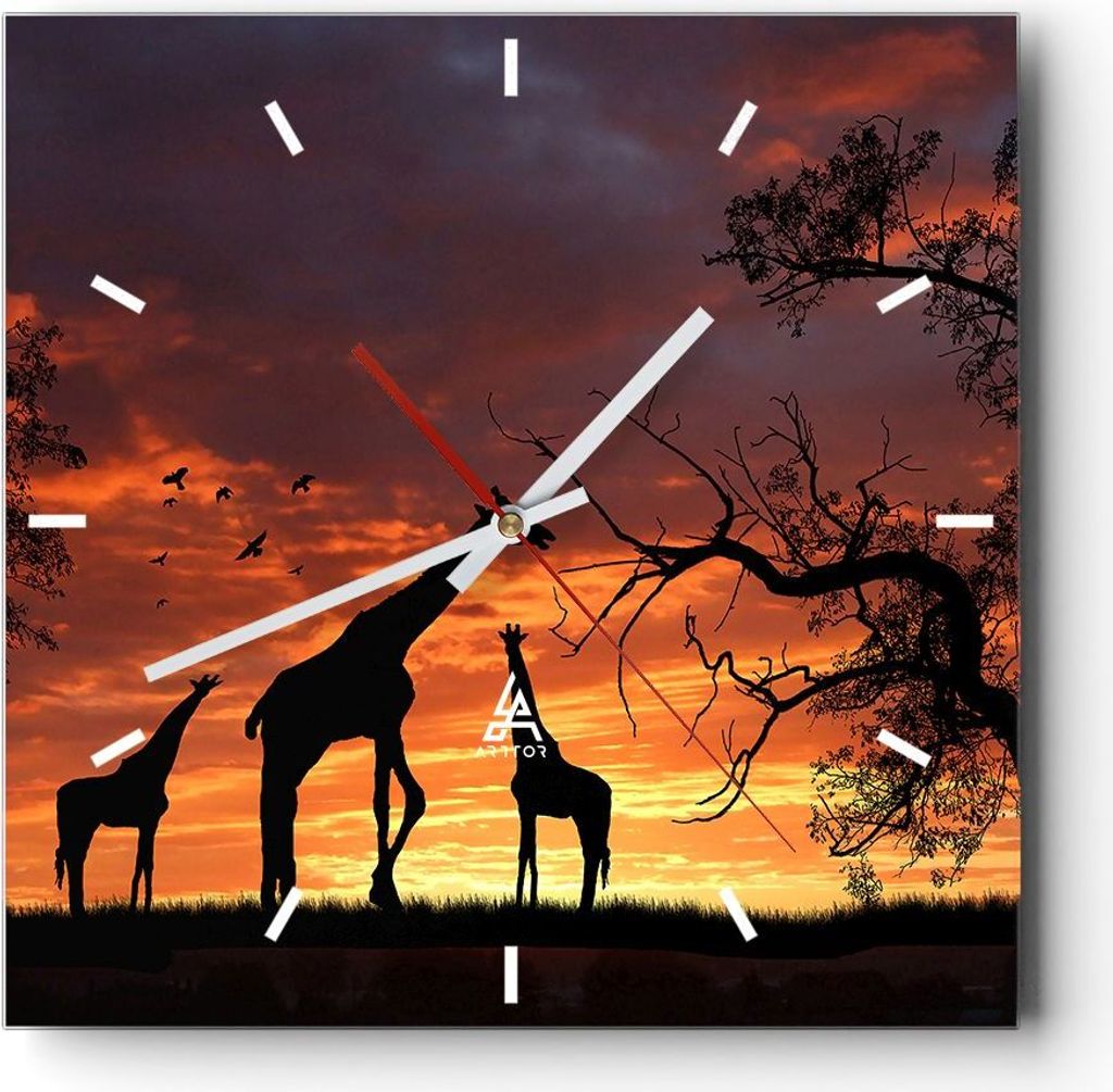 Wanduhr - Quadrat - Glasuhr - Giraffe Afrika Sonne Safari - 40x40cm - Schleichendes Uhrwerk - Lautlos - zum Aufhängen bereit - Dekoration Modern -...