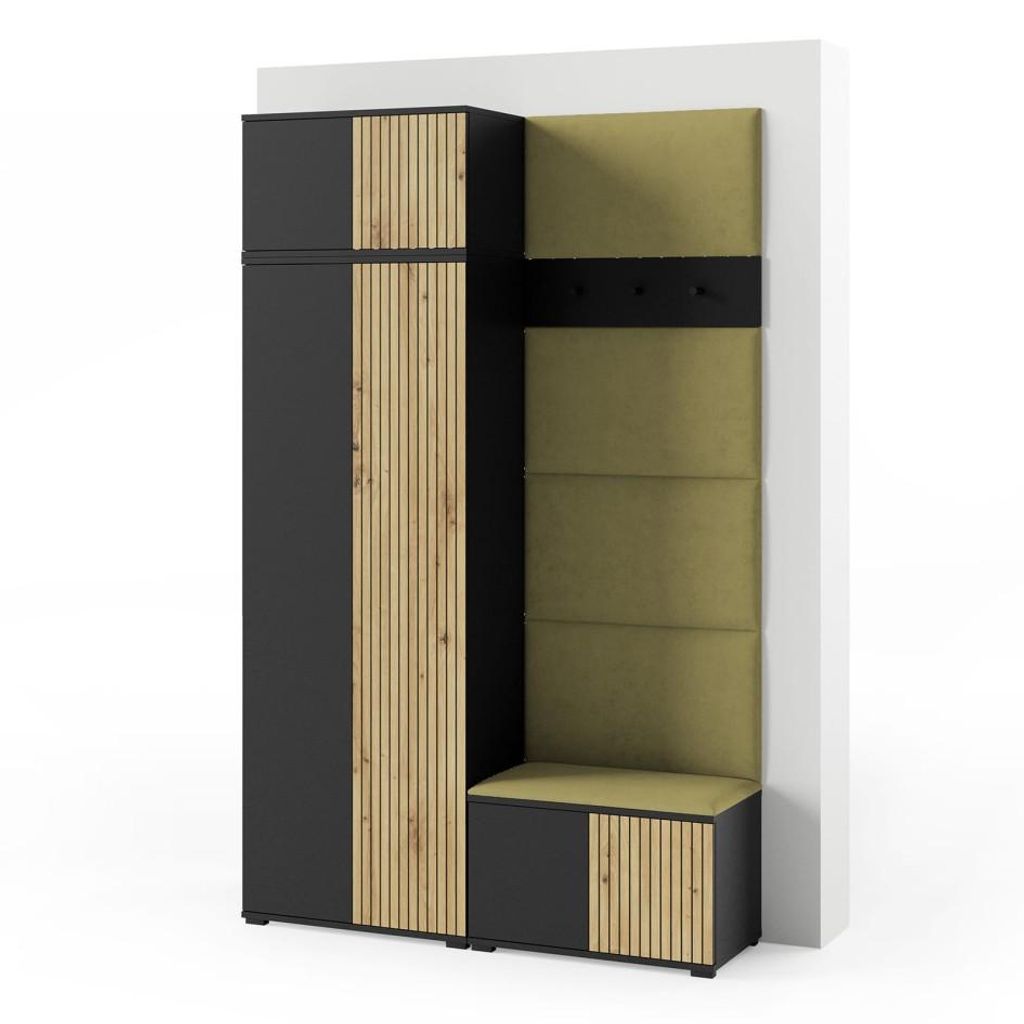 Garderoben-Set Rosario Version 2 mit Lamellen, Kleiderschrank mit Polsterplatten und Schuhschrank (Schwarz / Eiche Artisan, Trinity 27)