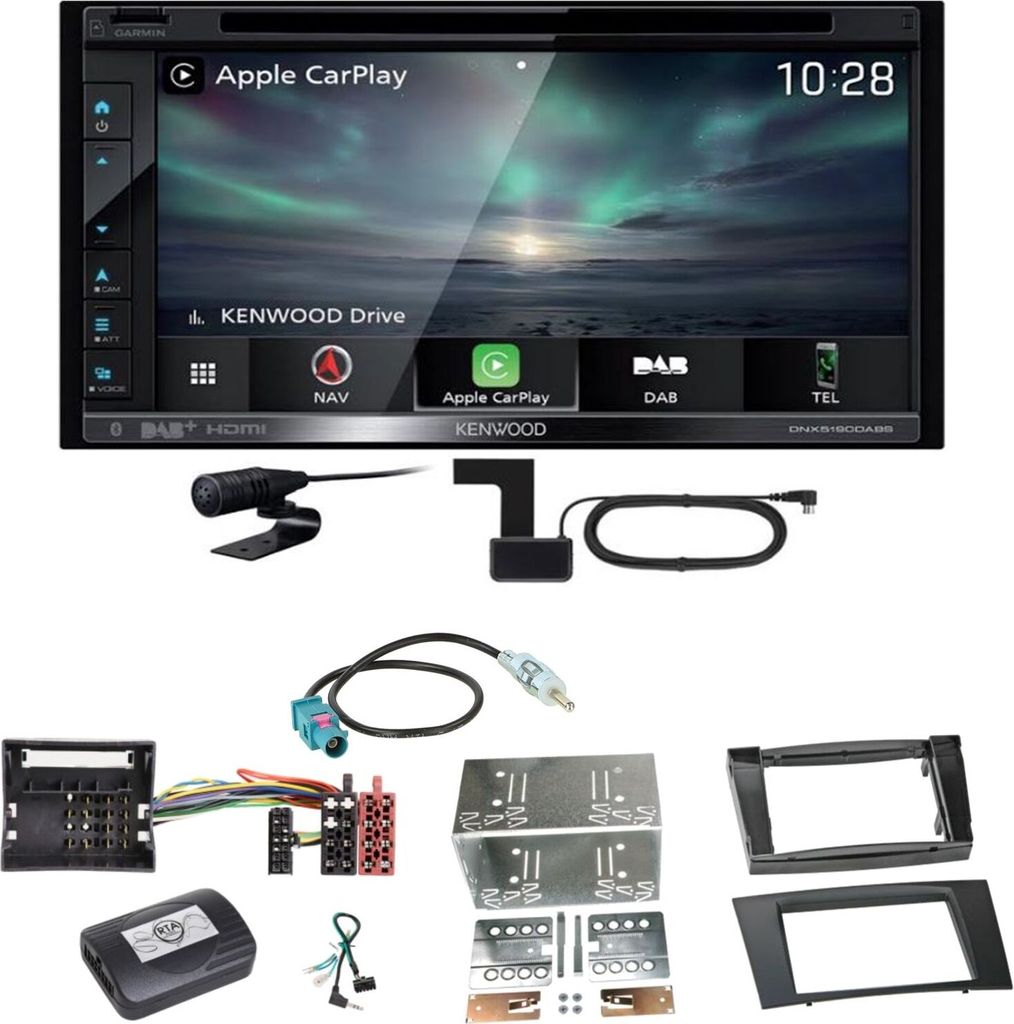 Kenwood DNX-5190DABS Navi Carplay Bluetooth Einbauset für Mercedes W211 CLS W219