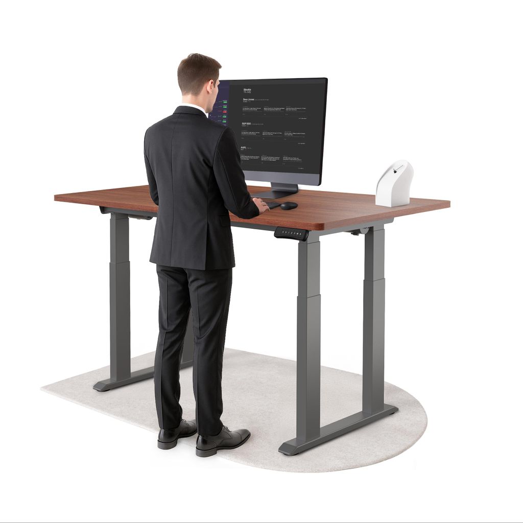 DESKSPACE Höhenverstellbarer Schreibtisch elektrisch mit leisem Dual-Motor – stabiles 4-Bein-Gestell (Grau Gestell, Mahagoni Tischplatte, 160×8...