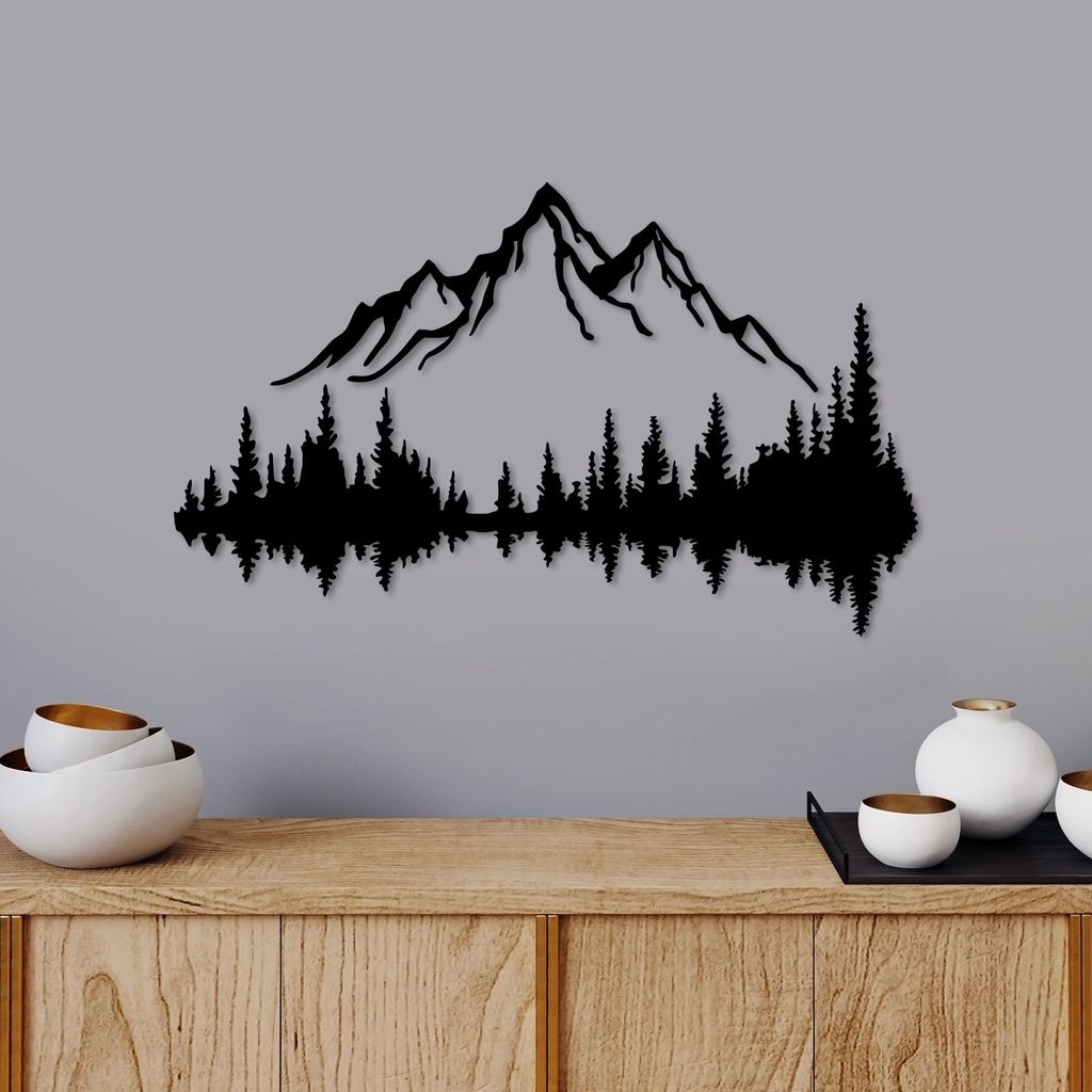 Wallity, Nature And Mountain - 7, Dekoratives Wandaccessoire aus Metall, 100 % METALL, Schwarz, 52 x 20 cm