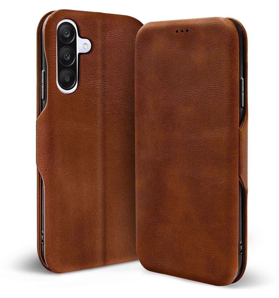 A brown leather flip case for a smartphone, shown from the front and side.