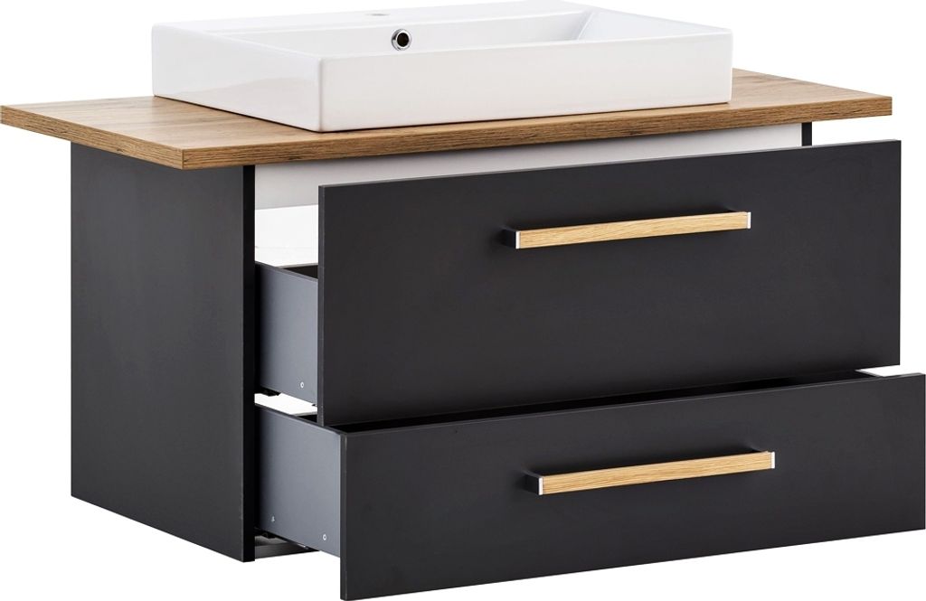 Waschtisch 102 cm Unterschrank inkl. Keramikbecken DABO-04 in anthrazit mit Landhaus-Eiche, B/H/T: 102,2/61,5/50 cm