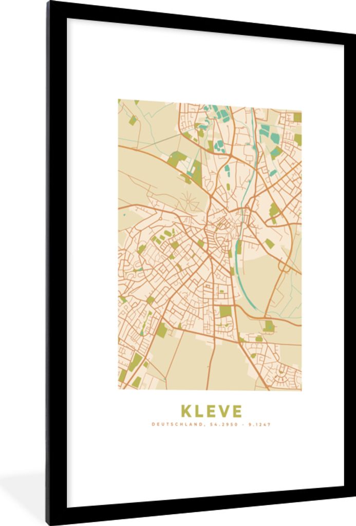 MuchoWow Gerahmtes Poster Karte - Kleve - Stadtplan - Vintage 60x90 cm - Poster mit Schwarzem Bilderrahmen Wandposter Rahmen Foto Bilder - Dekora...