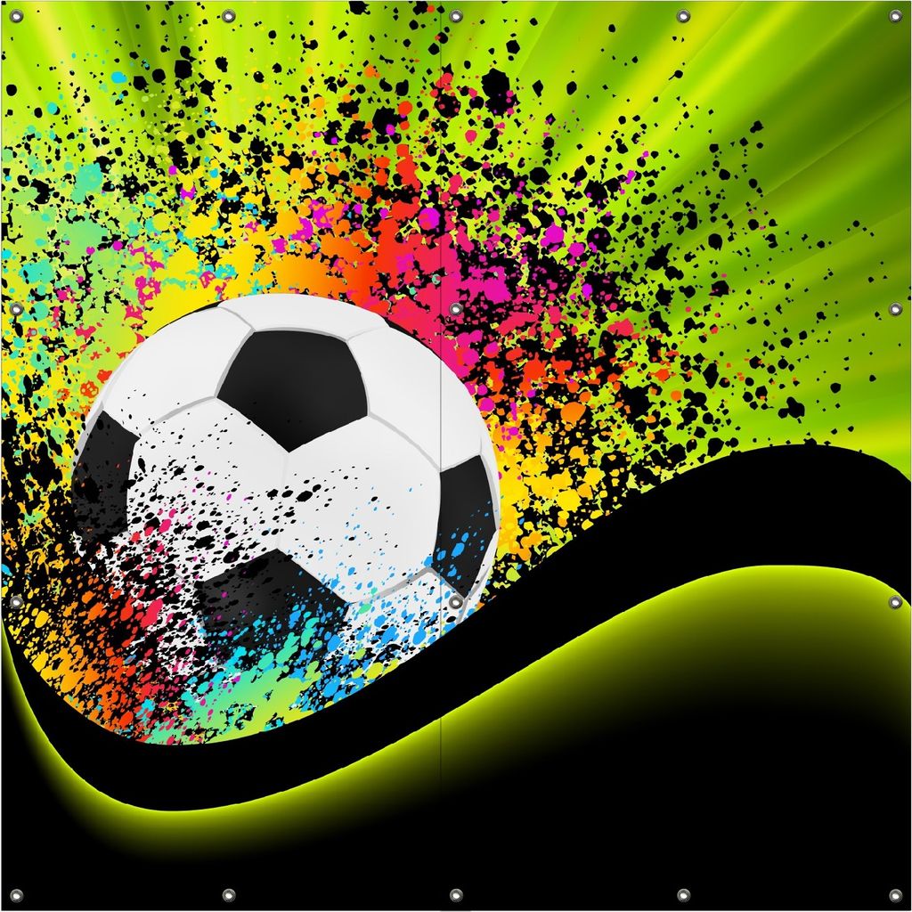 Wallario Outdoor-Poster für Garten oder Balkon, Motiv Fußball - Design Wellen und Regenbogen in grün, in ca. 180 x 180 cm
