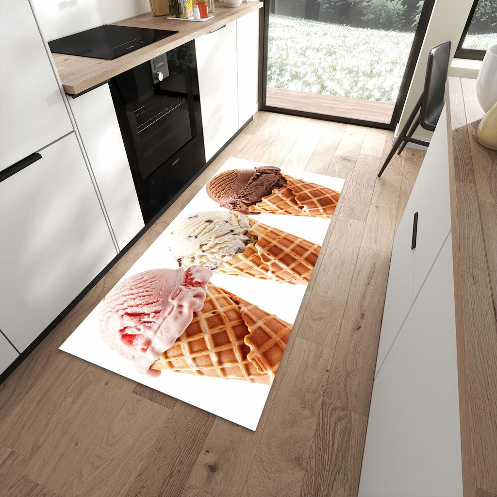 Küchenteppich 90x180cm rutschfest & abwischbar PVC Läufer - Leckeres Eiscreme Trio