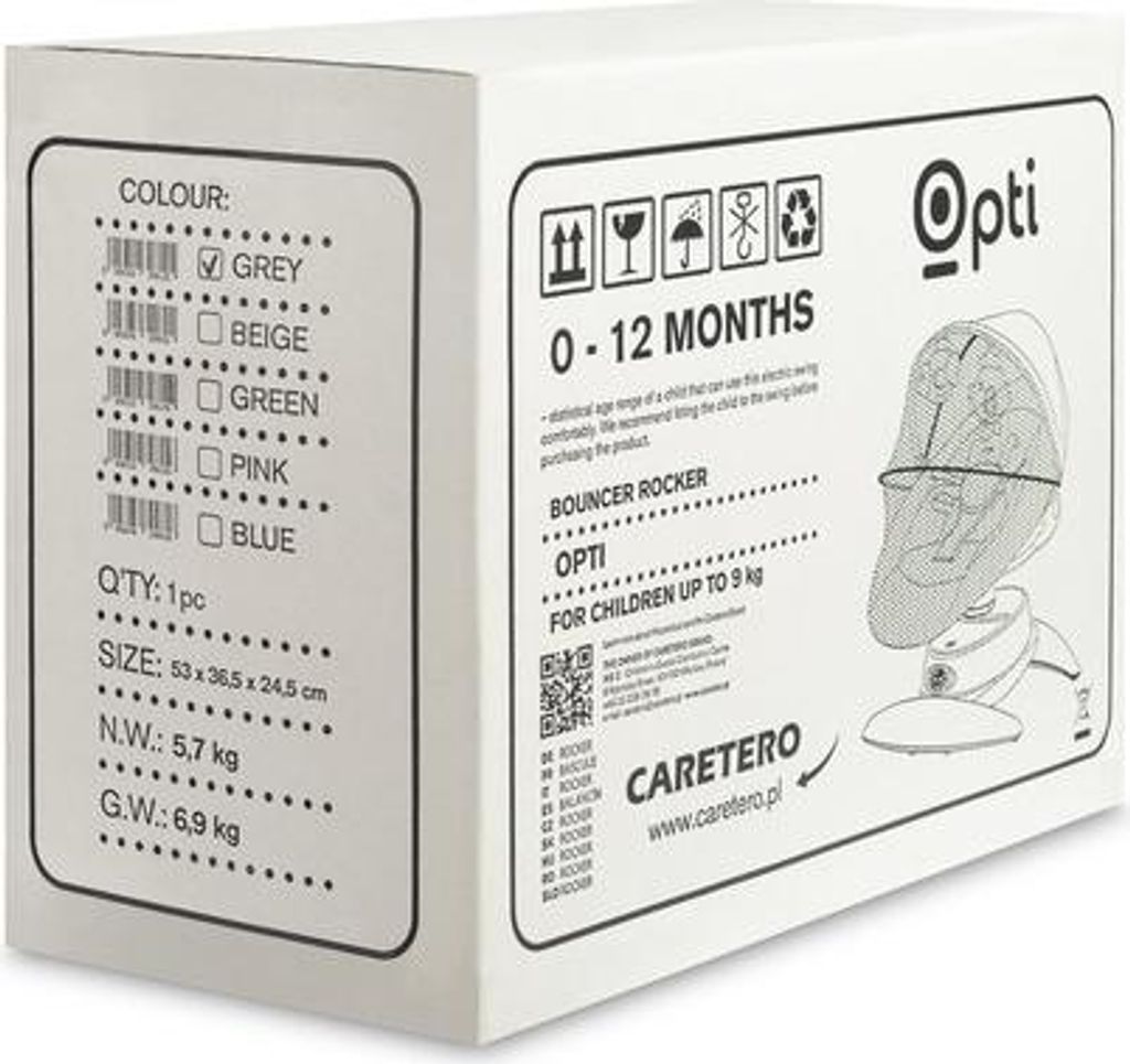 A white cardboard box for a baby bouncer rocker, showing product details and branding.