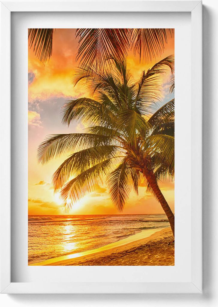 Palme am Strand bei Sonnenuntergang– Wandbild mit Rahmen – Gerahmtes Bild – Wanddekoration – 40x60 cm – Weiß