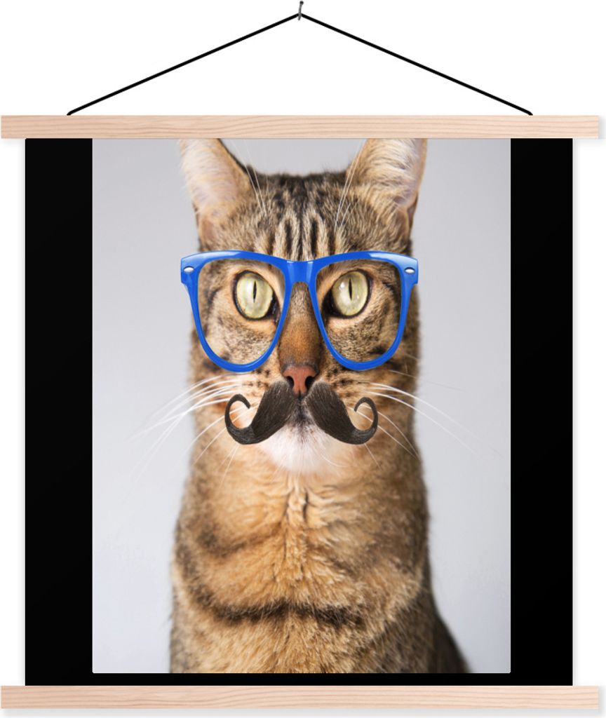 MuchoWow Textilposter Katze - Brille - Schnauzbart - Hipster 40x30 cm mit holzfarbenen Rahmen - Bilder