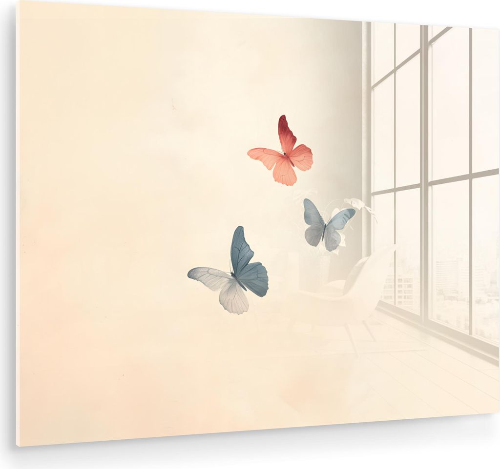 MuchoWow Glasbilder - Bilder auf Wandbild - Foto auf Glas Schmetterlinge - Minimalistisch - Rosa 80x60 cm Wanddekoration aus Glas - Acrylglasbild -...