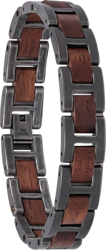Bracelet Homme en Acier et Bois de Noyer Acoustic Argenté Antique 21cm