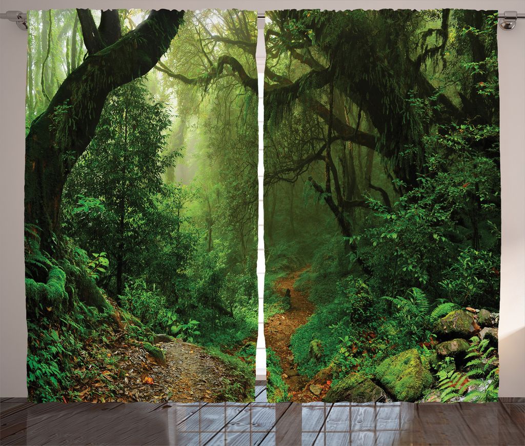 ABAKUHAUS Nepal Rustikaler Gardine, Wald in Asien Touristic, Schlafzimmer Kräuselband Vorhang mit Schlaufen und Haken, 280 x 245 cm, Grün Braun