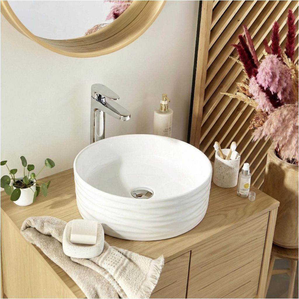 Vasque à poser ronde SERENA en céramique structuré blanche Image du produit 