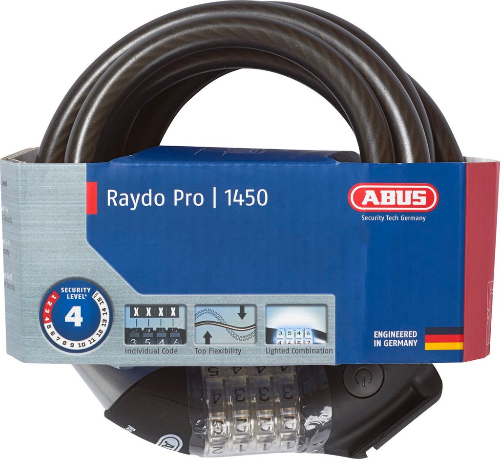 ABUS Spiralkabelschloss Raydo Pro 1450/185 + TexKF-Halterung - Zahlenschloss mit beleuchteten LED-Zahlenwalzen - ABUS-Sicherheitslevel 4 - 185 cm