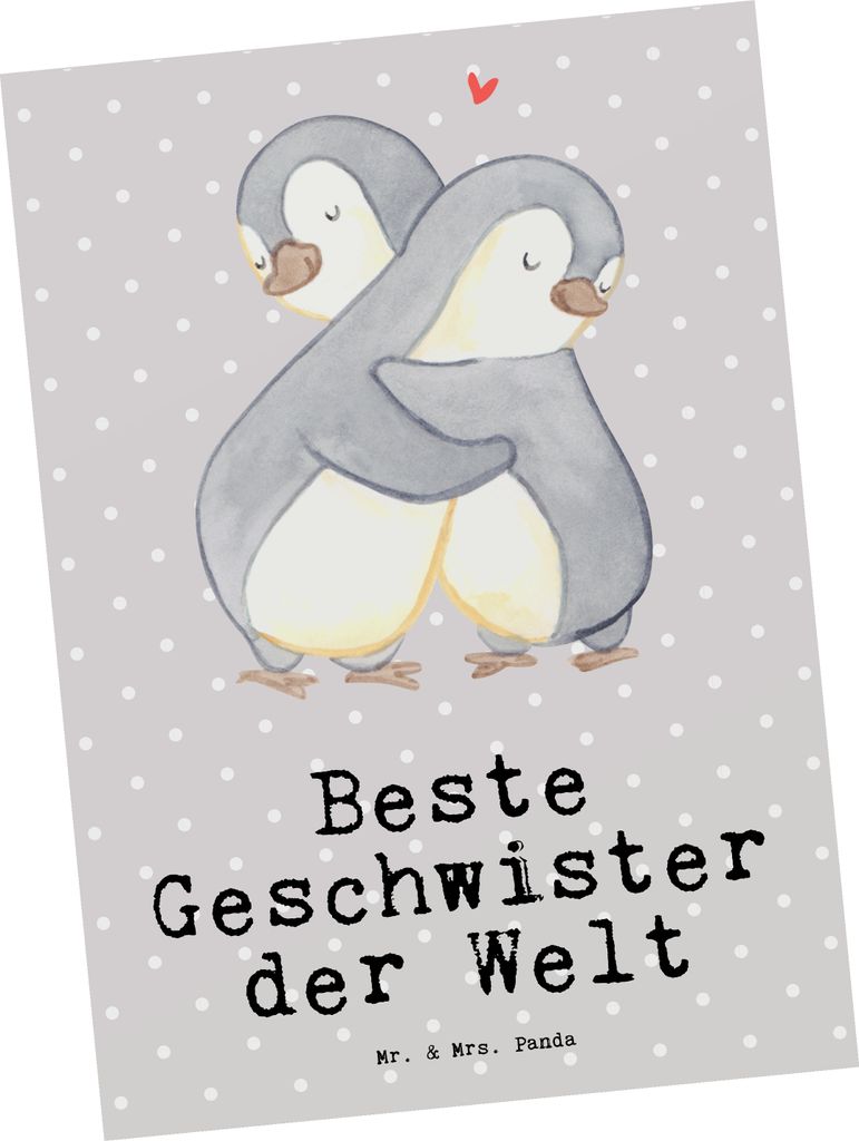 Mr. & Mrs. Panda Postkarte Pinguin Beste Geschwister der Welt - Grau Pastell - Geschenk, Grußkarte, Familie, Postkarten, Geburtstag, Fotokarte, Br...