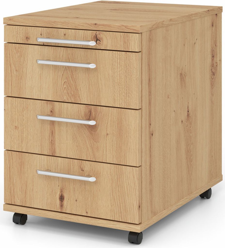 Rollcontainer Karri | Asteiche | HxBxT 59x42,8x58cm | Relinggriff | 3 Schübe | Kugelführung, Teilauszug