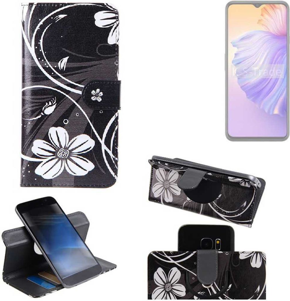 K-S-Trade Schutzhülle Handyhülle kompatibel mit Wiko T60 Hülle 360° Wallet Case “Flowers“ Klapphülle Hülle schwarz-weiß 1x