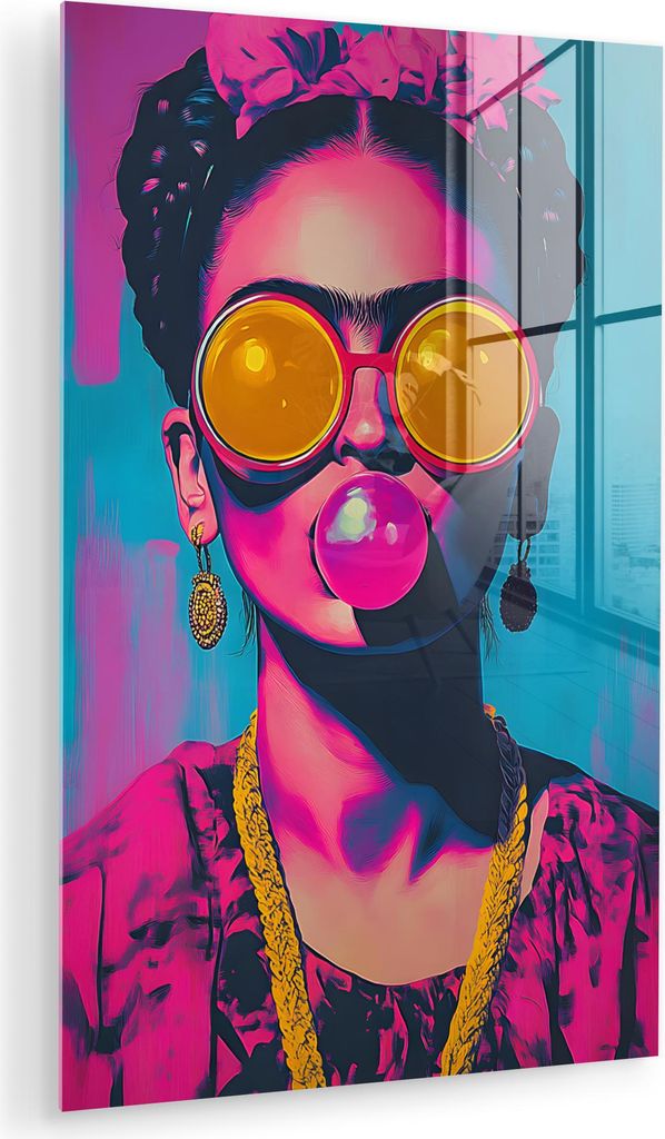 MuchoWow Glasbilder - Bilder auf Wandbild - Foto auf Glas Frau - Kaugummi - Sonnenbrille - Orange 60x90 cm Wanddekoration aus Glas - Acrylglasbild ...