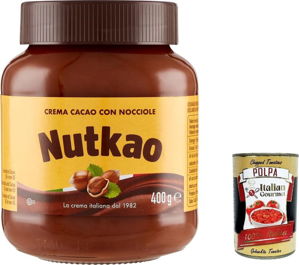 3x Nutkao Crema Cacao con Nocciole, Streichfähige Creme Kakao mit Haselnüssen, Italienische Creme, 400g Glas + Italian Gourmet polpa 400g
