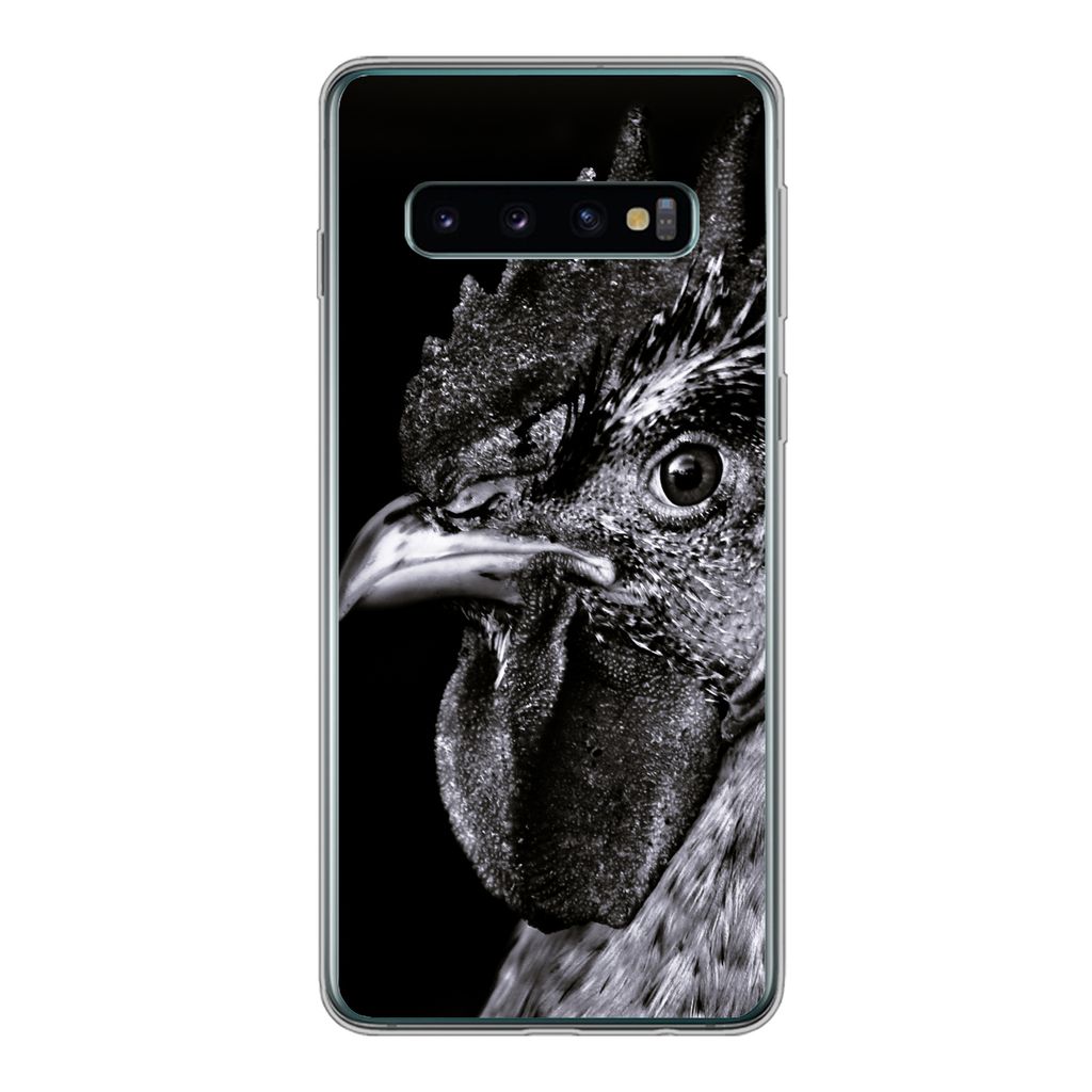 MuchoWow Handyhülle Schutzhülle Hülle für Samsung Galaxy S10 Hahn - Vogel - Schwarz - Weiß Silikon Softcase Handy Hülle - Handytasche