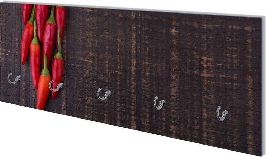 Wallario Flurgarderobe Wandgarderobe aus Glas, mit 5 Haken, Größe 80 x 30 cm, Motiv Rote Paprikaschoten auf einem dunkelbraunem Holzbrett