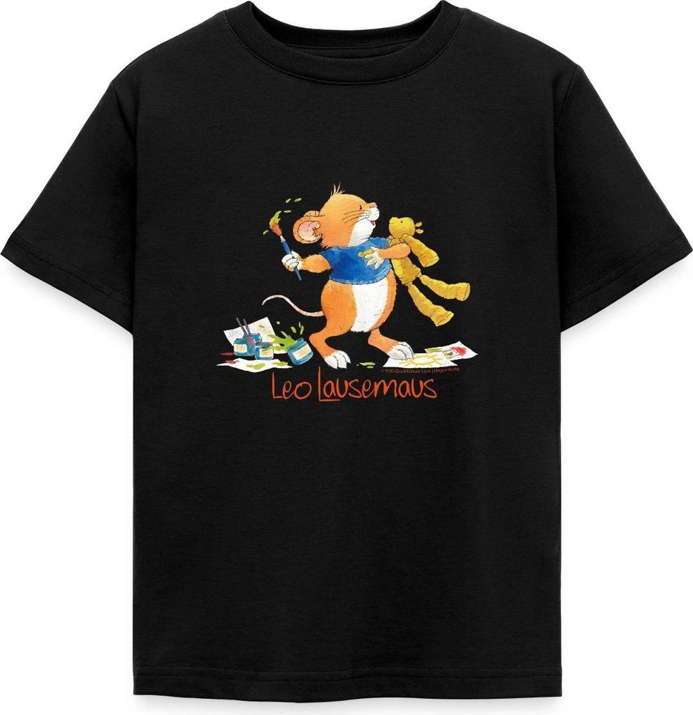Spreadshirt Leo Lausemaus Malen mit Teddy Kinder T-Shirt, 110/116 (5-6 Jahre), Schwarz