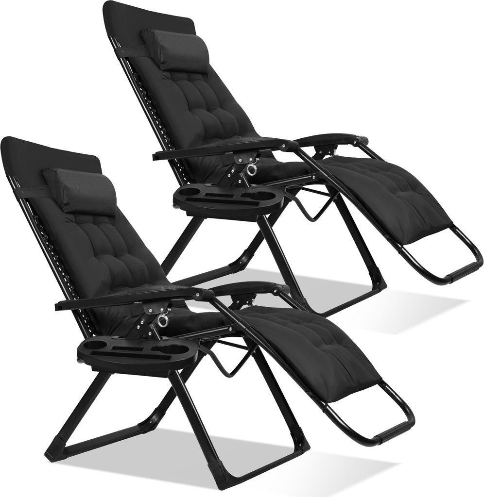 Faziango 2x Liegestuhl Klappbar Gartenstuhl Belastbar 150kg Verbreitert Verstellbare Rückenlehne mit Kissen und Kopfstütze für Garten,Pool,Schwarz