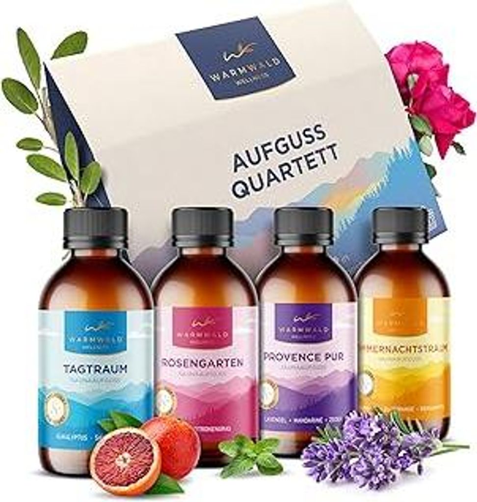 Warmwald - Saunaaufguss - Sauna Aufgussmittel mit natürlichen ätherischen Ölen - Saunaöl - Saunaduft (Warmwald QUARTETT - 4 x 100 ml)