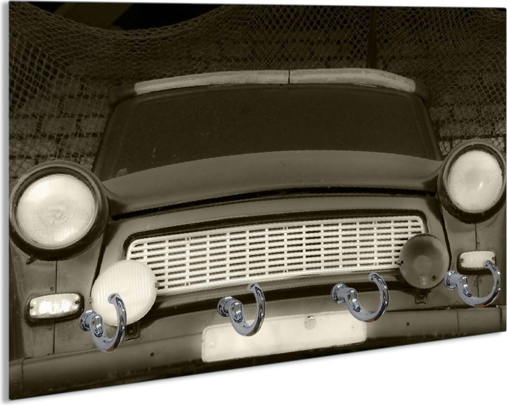 Wallario Schlüsselbrett aus Glas, Motiv: Alter Trabbi in schwarz-weiß - Frontansicht Scheinwerfer, 30 x 20 cm mit 4 Haken