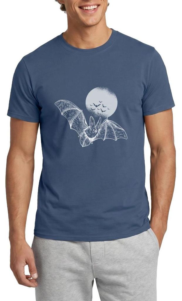 Spreadshirt Halloween Fledermaus Mit Vollmond Gruselig Männer T-Shirt, 3XL, Dunkles Denimblau