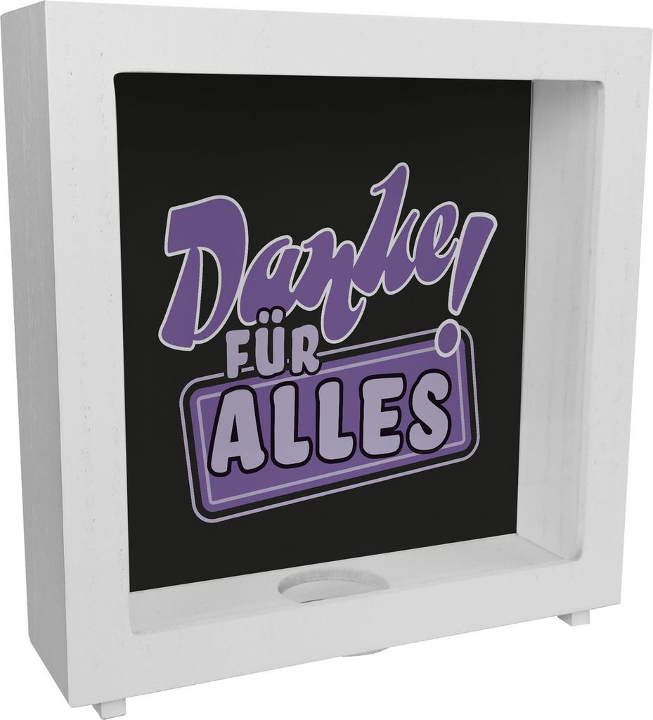 Rahmen Spardose aus Holz in Lila zum Thema Dankbarkeit - Danke für Alles!