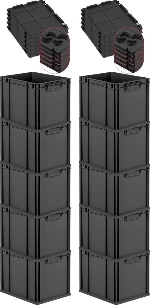 SparSet 10x Eurobox NextGen Grip mit Auflagedeckel inkl. 4 schwarzen Schiebeschnappverschlüssen | HxBxT 32x30x40cm | 30 Liter | Schwarz | Griffe g...