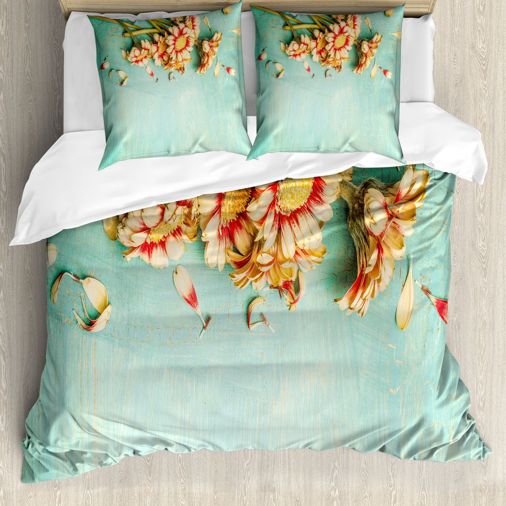 ABAKUHAUS Shabby Flora Bettbezug, Gerbera Bunch Blau, Milbensicher Allergiker geeignet mit Kissenbezügen, 155 cm x 220 cm - 80 x 80 cm, Mehrfarbig