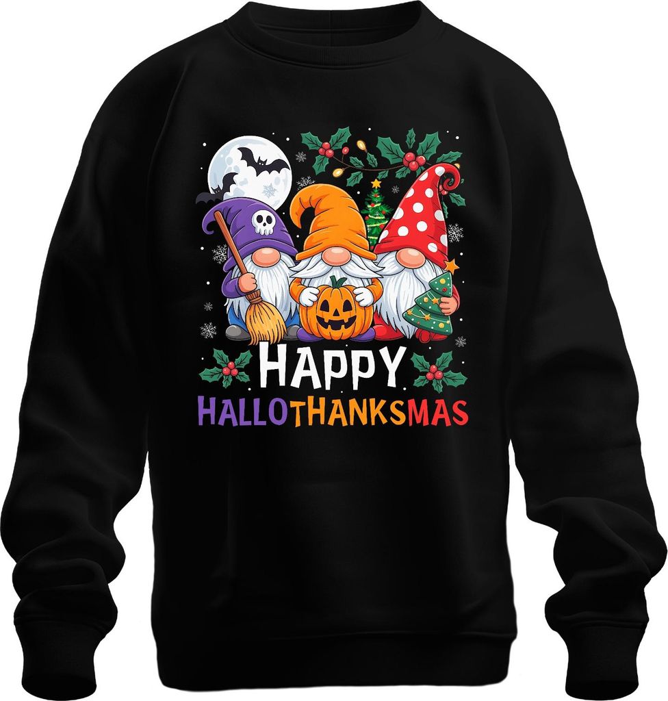 Gnome Happy HalloThanksMas Halloween Kürbis Weihnachten Geschenk Uni Sweatshirt Pullover, Schwarz, 3XL
