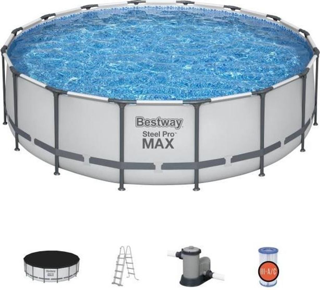 Aufstellpool, BESTWAY Steel Pro Max, 488 x 122 cm, Rund, mit Filterkartusche, Leiter und Abdeckplane, 19480 L