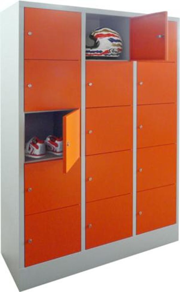 Schließfachschrank - 9 Fächer a 300 mm - 1.850x900x500 mm (HxBxT) - Sockel - Drehriegel - lichtblau/feuerrot