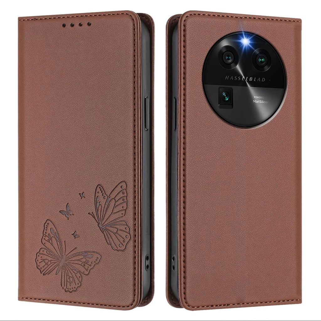 Lederhülle für Oppo Find X6, Schmetterling Prägung Leder Brieftasche Schutzhülle mit Ständer Braun