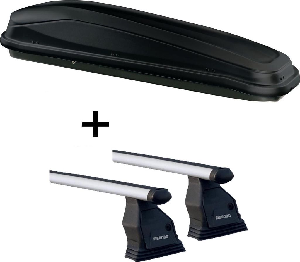 Skibox JUEASY300 300Ltr schwarz + Dachträger Menabo Tema kompatibel mit für Peugeot 308 (Steilheck 5 Türer) 2007-2012
