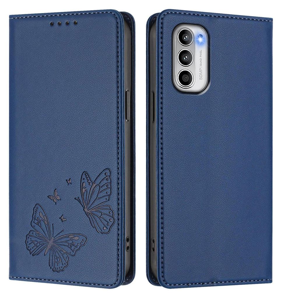 Lederhülle für Motorola Moto G 5G 2022, Schmetterling Prägung Leder Brieftasche Schutzhülle mit Ständer Dunkelblau