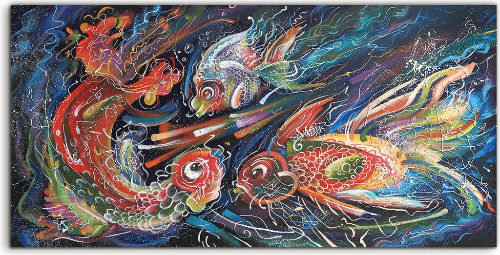 Coloray Canvas 140x70 Wandbild Leinwand Bilder Ein Gemälde über Meer Trio Fische