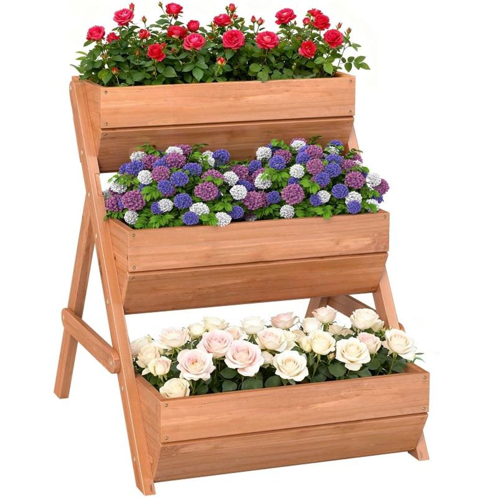 Hochbeet aus Holz – Dreistufiges Pflanzkübel-Set – Für den Außenbereich – Geeignet für Blumen und Gemüse – 65 x 75 x 78 cm – Braun