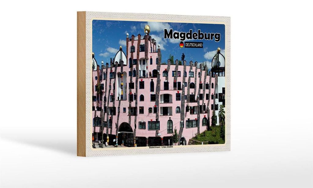 Holzschild Städte Magdeburg Hundertwasser Gebäude 18x12 cm