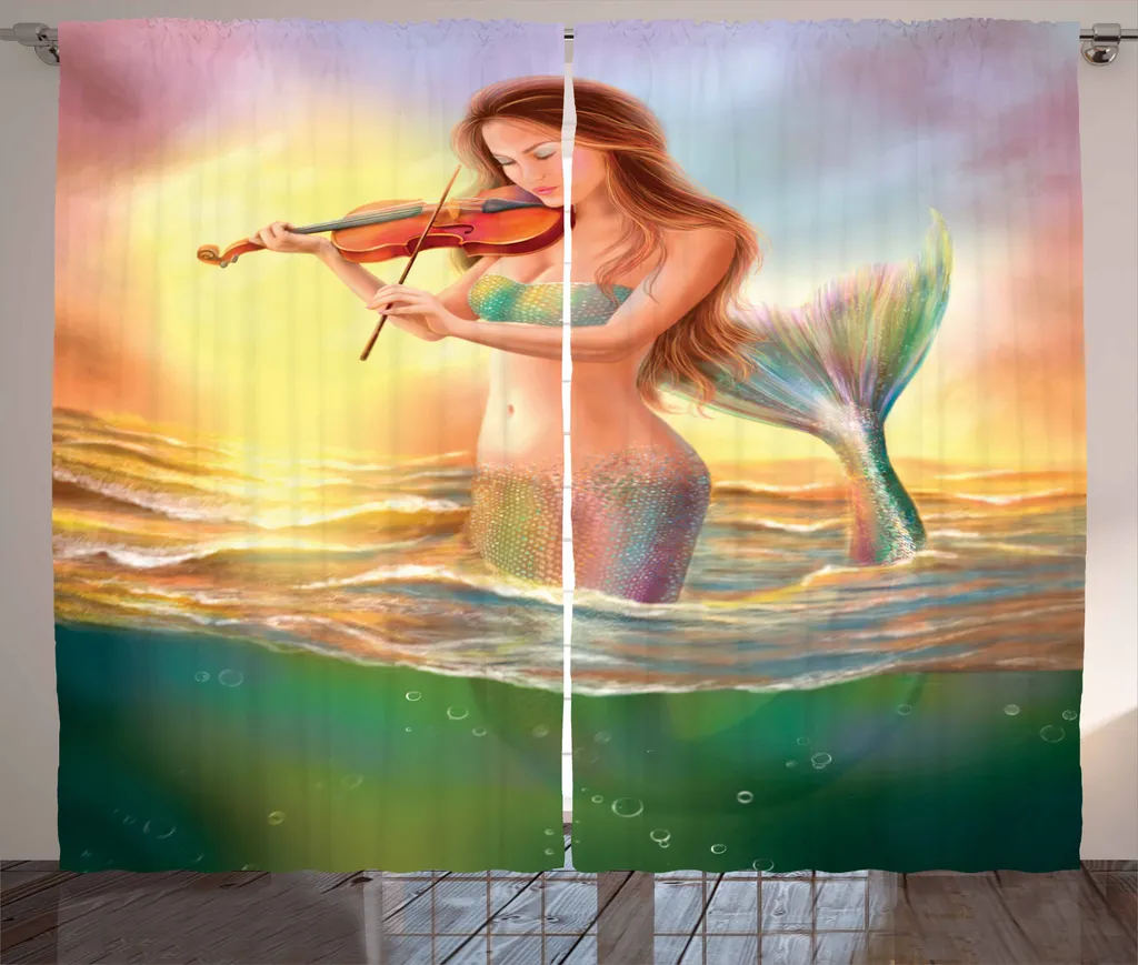 Rideau multicolore sirène au violon, textile rustique 280 x 225 cm