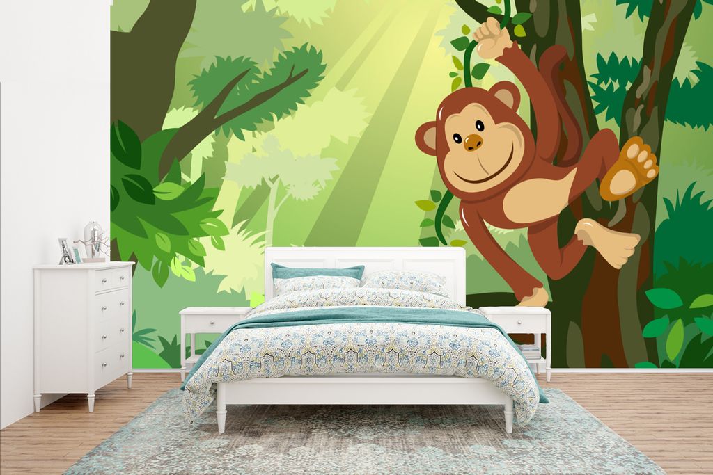 MuchoWow Fototapete für Wohnzimmer oder Schlafzimmer Wandtapete Vinyl Motivtapete Affe - Dschungel - Jungen - Mädchen - Blumen - Kinder - 435x2...